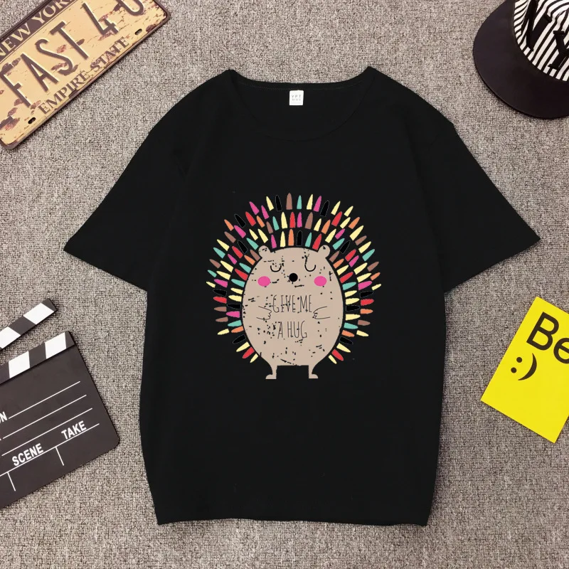 

2020 Fashion cartoon Print Colored hedgehog Female T-shirt Cotton Women Tshirts Summer Casual Harajuku T Shirt Femme Top