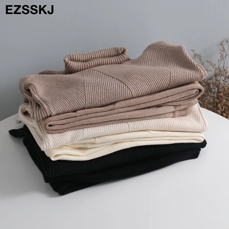

turtleneck sweater 2 Pieces Set 2020 women chic Knitted Pullover top + Sweater pants Jumper Tops+ trousers sweater suits