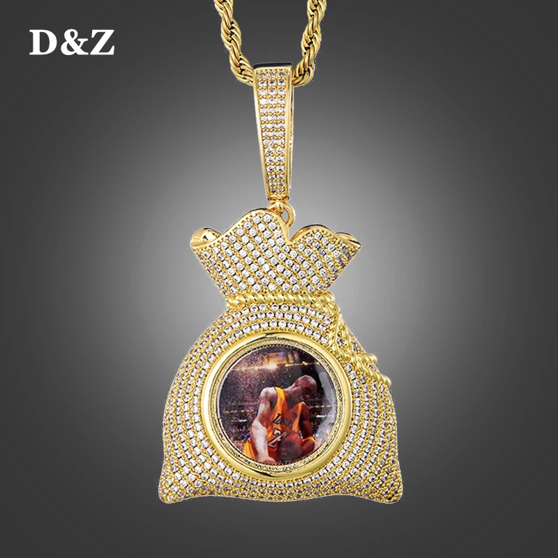 

Цепочка с подвеской D & Z для мужчин и женщин, уникальное ожерелье с кулоном из блестящего кубического циркония в форме мешка для денег, фото на заказ