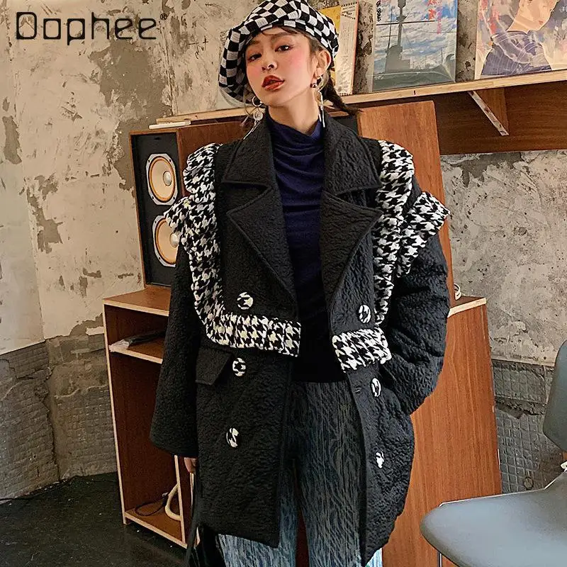 

Куртка на хлопковом наполнителе, модная двухбортная Свободная куртка в клетку с оборками и воротником-стойкой, новинка зимы 2021