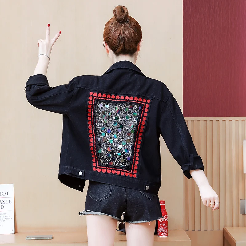 

Harajuku style cropped denim jacket women embroidered jacket casual jacket woman jacket coat women bomber jacket women