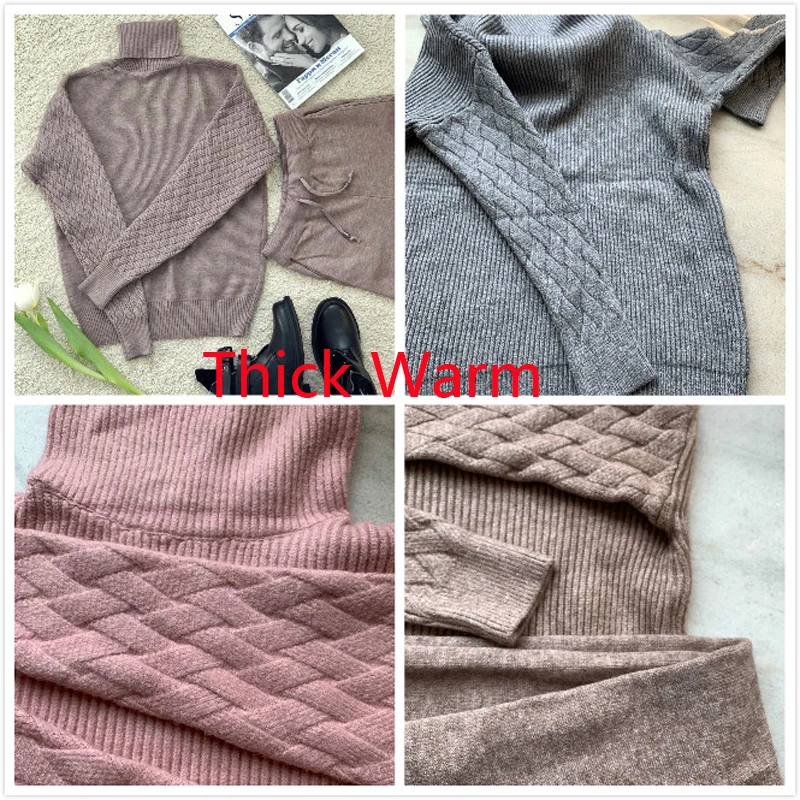 Трикотажный спортивный костюм для женщин пуловер с высоким воротником и брюки