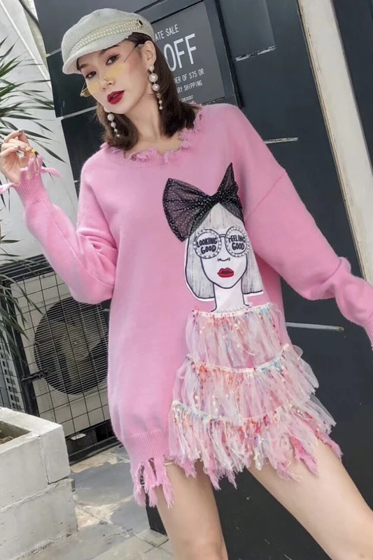 

Thailand tide brand jacket female 2019 new spoof cartoon printing patch tassel large size women's long sweater