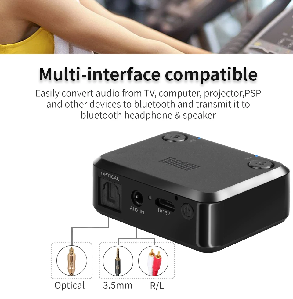 AptX с низкой задержкой оптический аудио Bluetooth передатчик для ТВ беспроводной аудио адаптер для двойных наушников или динамиков MR270