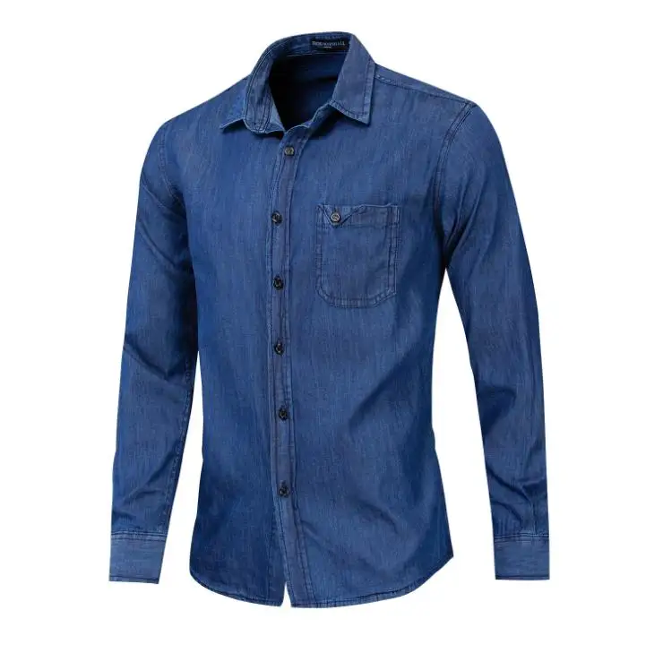 Темно-синяя однобортная рубашка мужская повседневная с длинными рукавами