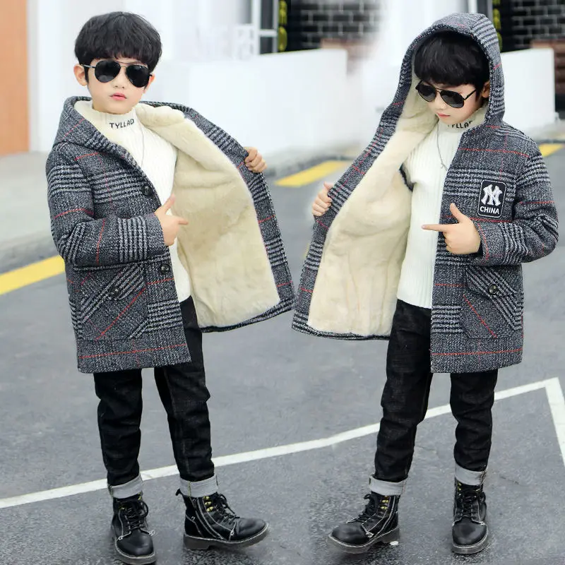 

2021 Winter Boys Wool Blends Coat New Plus Velvet Warm Children's Jacket Outerwear Casual Hooded Plaid Teenager Clothes Trench