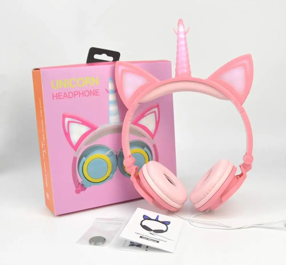 LIMSON складные Проводные милые мигающие розовые наушники с кошачьими ушками и