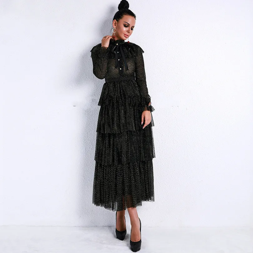 Женское Прозрачное платье с высокой горловиной и длинным рукавом в стиле ретро