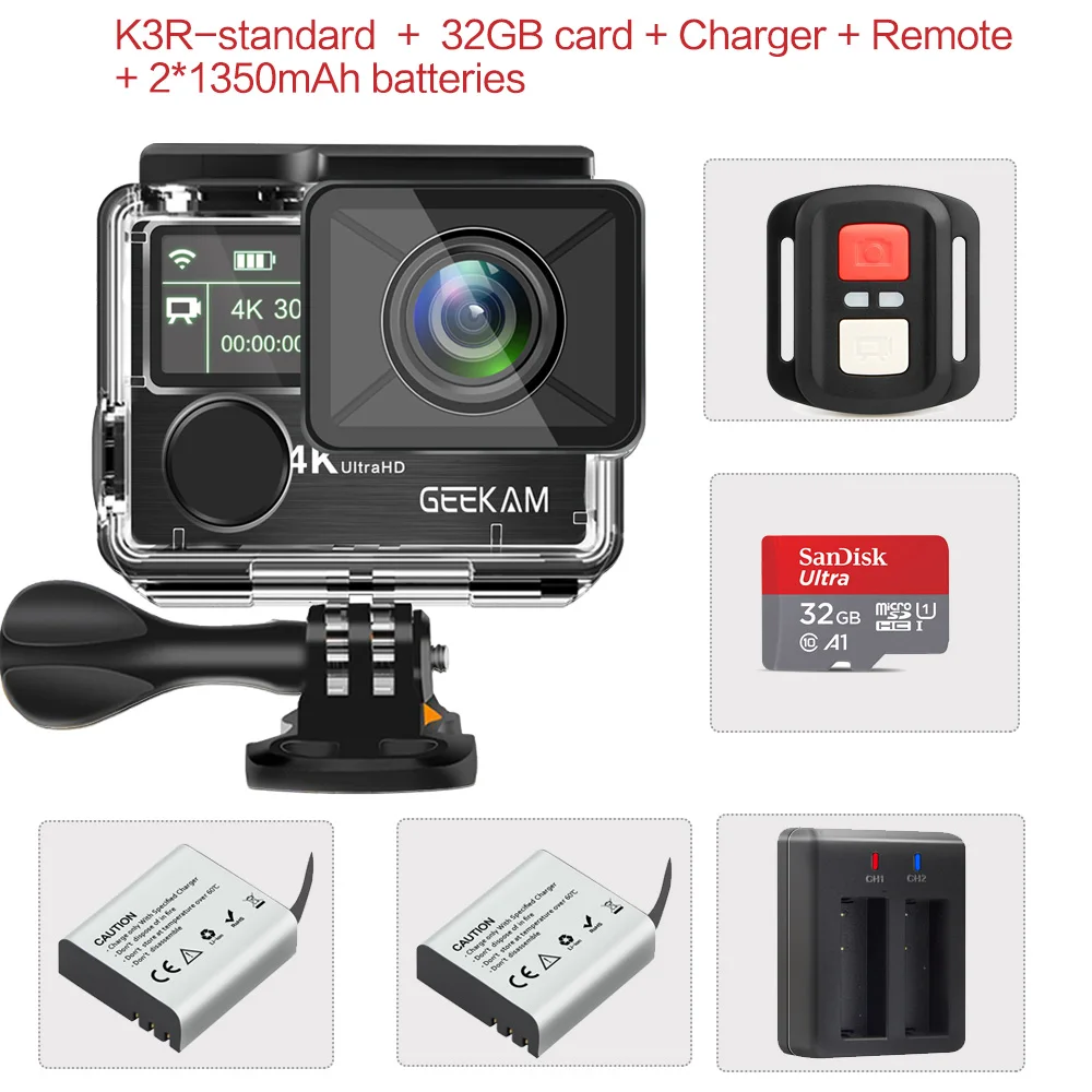 GK-K3R-M-B Экшн-камера GEEKAM K3R/K3 Ultra HD 4 K/30fps 20MP WiFi 2," 170D с двойным экраном, водонепроницаемая камера для подводного плавания на шлем, велосипедная спортивная видеокамера - Цвет: GK-K3R-M-B