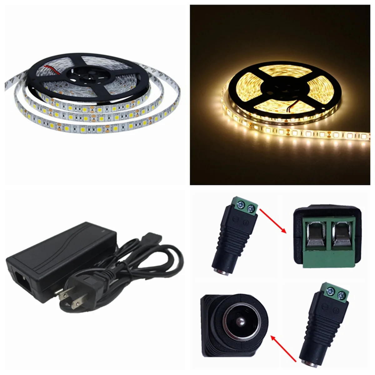 

DC 12V LED Strip Light 5050SMD 70W 5M 300LED Waterproof Tape Light Kit US/EU Plug Power Adapter Warm White Strip Light