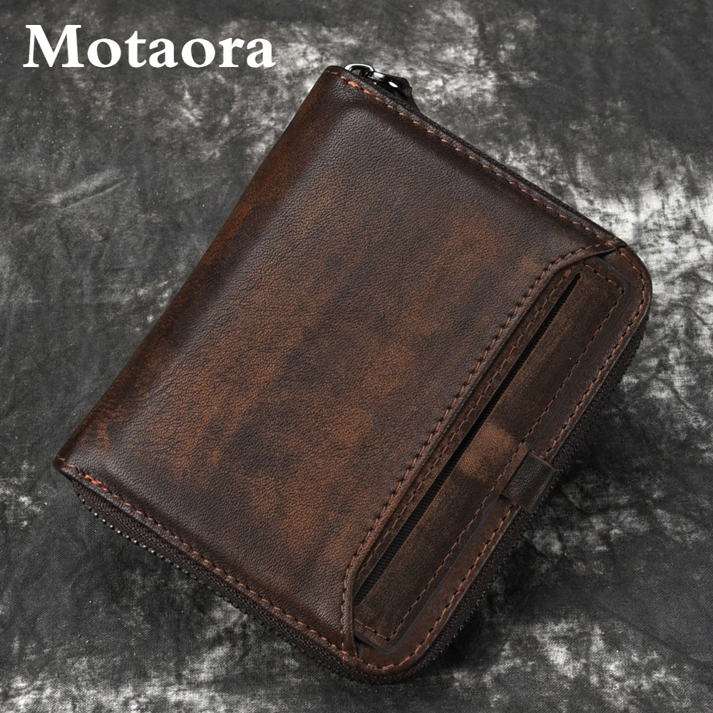 MOTAORA Men's Vintage Wallet Genuine Leather Male Short Purse Casual Zipper ID Carder Holder 2022 New Retro Coin Wallets For Men