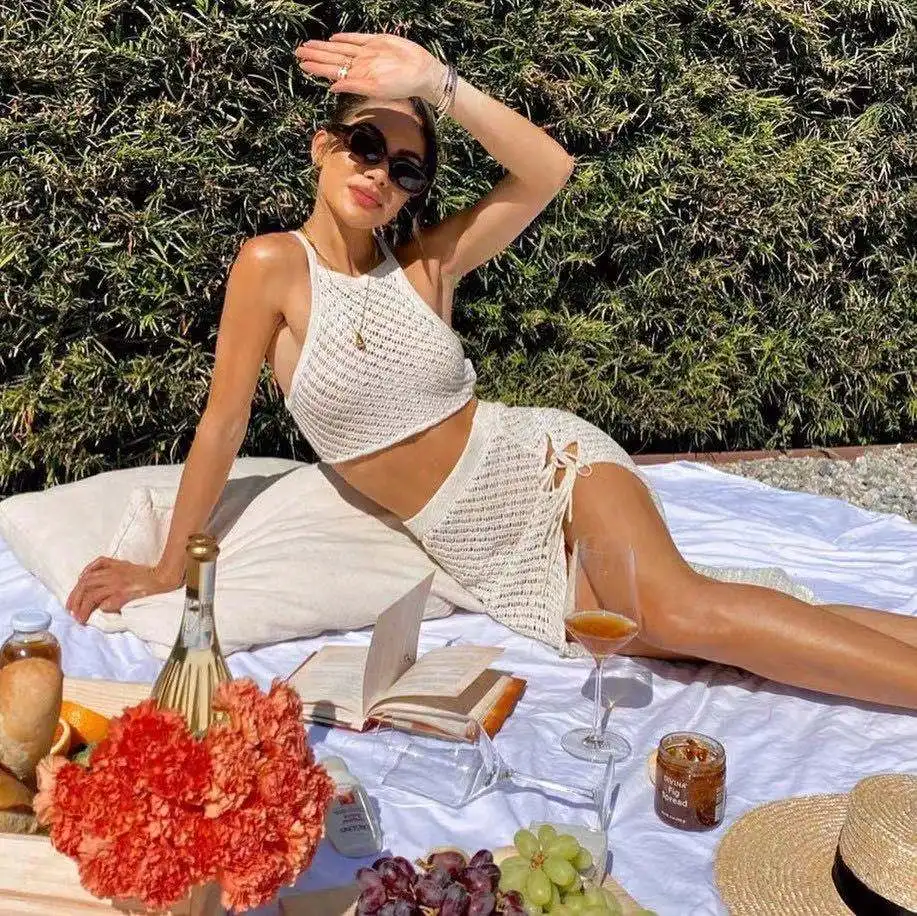 

Женский купальный костюм 2021n, накидка для пляжа, бассейна, прозрачная, из 2 предметов, Топ бандо, длинная юбка, вязаное крючком платье