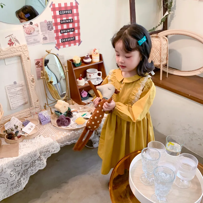 

Girl Long-sleeved Dress 2021 Spring New Little Girl Retro Lace Cotton Col Claudine Princess Dress