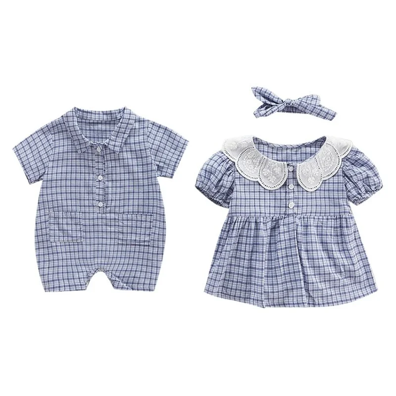 

Plaid rompers for baby Brother and Sister Puff Sleeve Bodysuit with Hair Belt Twin Outfits Boy clothes for Girl Toddler Newborns