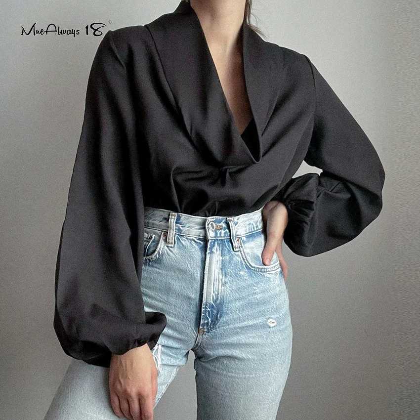 

Mnealways18 атласные элегантные блузки с рукавами-фонариками женские весенние 2022 топы с воротником-лодочкой и рюшами шелковые женские офисные р...
