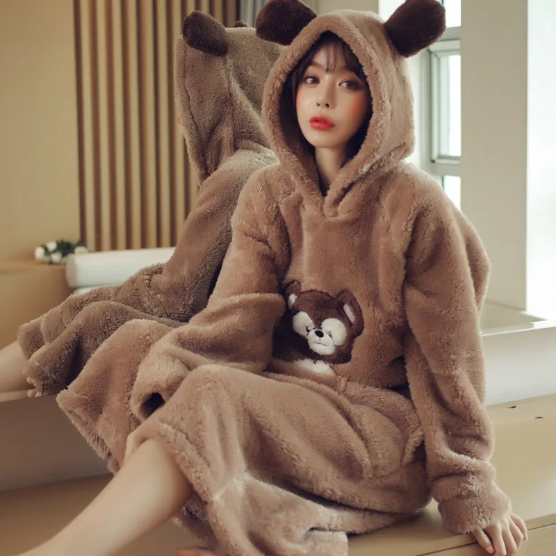 Женская Фланелевая пижама с мультяшными животными зимняя Милая Ночная рубашка