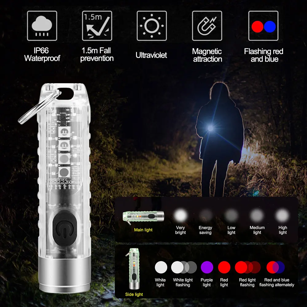 

450LM 10W Multi-function Keychain Flashlight USB Rechargeable Strong Light Torch Waterproof Magnetic Warning Flashlight