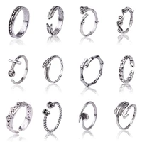 12pcs punk retro adjustable open ring set feather silver color personality knuckle finger jewelry alloy rings for women men gift