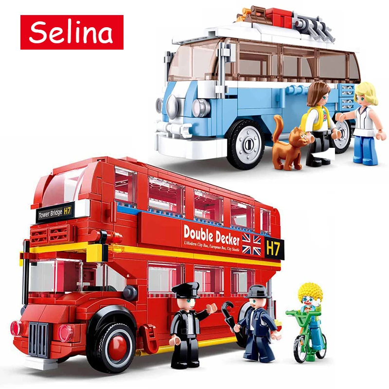 Двухслойный строительный блок Лондон красный автобус школьный станция
