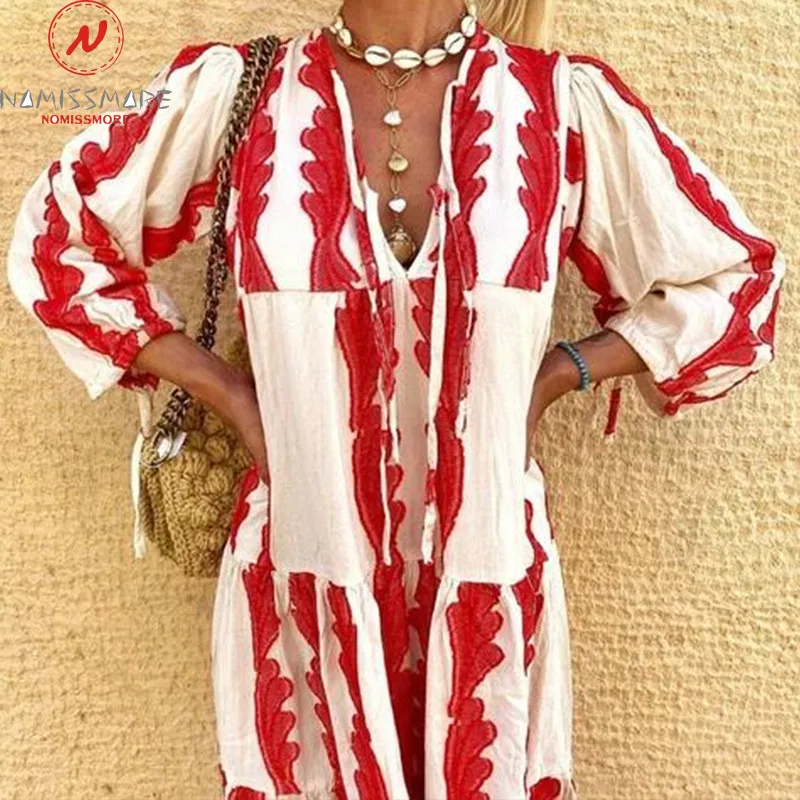 

Fashion Women Spring Autumn A-Line Dress V-Neck Long Sleeve Mid Waist Print Casual Loose Pullovers Long Dress