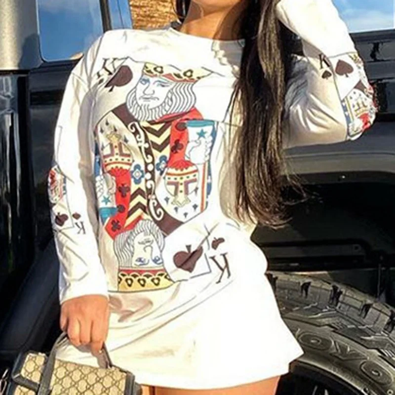 Осенне зимнее платье футболка с длинным рукавом и принтом игральных карт женское