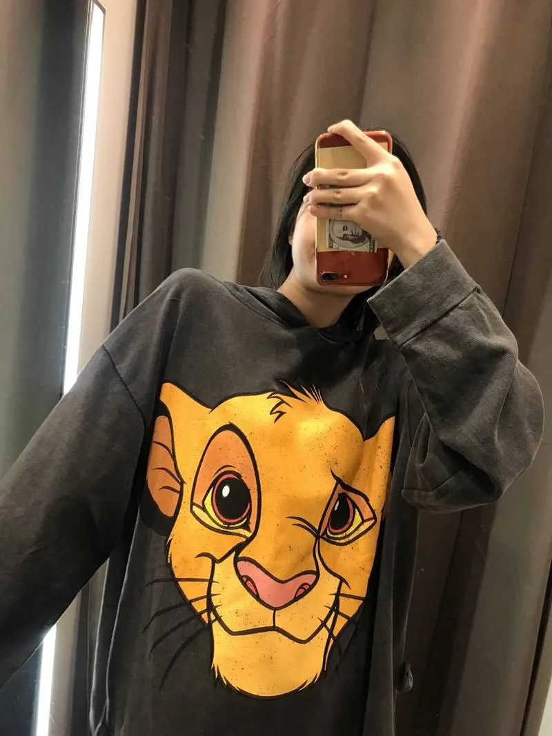 Модные свободные толстовки Kawaii, женские милые весенне-осенние Топы, Женские повседневные топы с рисунком льва, Милая футболка с длинным рукавом, женская футболка