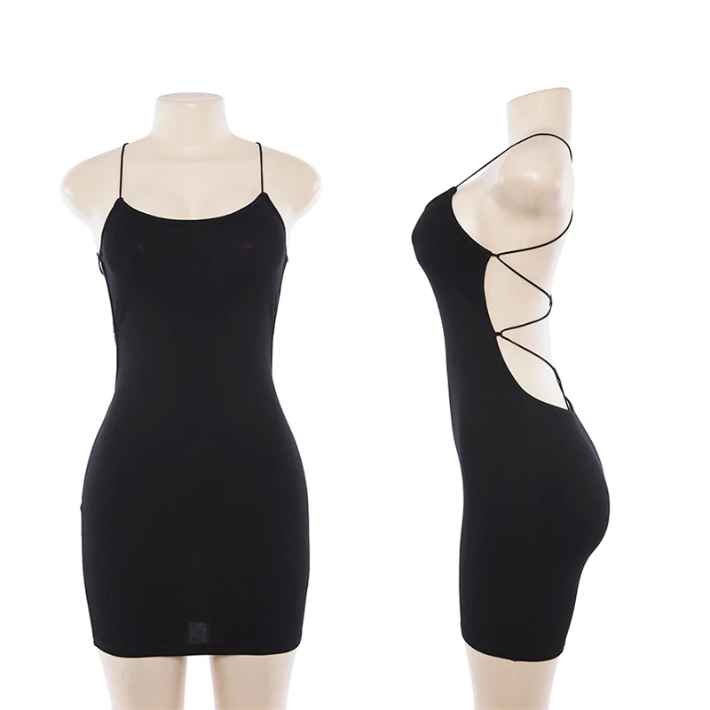 

Sexy Black Summer Girl Clothes Solid Black Backless Cross Sundresses Women Bodycon Evening Party Low Neck Mini Dress Robe Femme