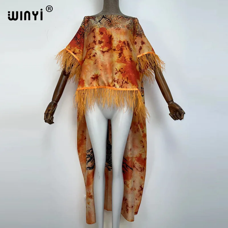 

2022 Europe Beach Cover Up Swimwear holiday fashion print WINYI Maxi women's robe Ostrich hair decoration evening party
