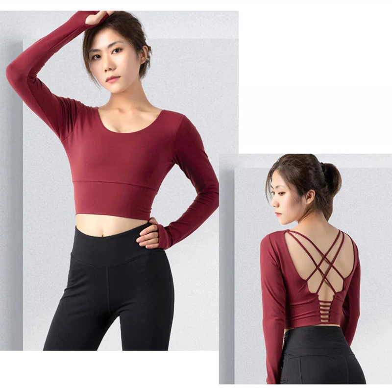

Women's Padded Sports Top Long Sleeve Strappy Backless Workout Tops with Thumb Hole SDFA88