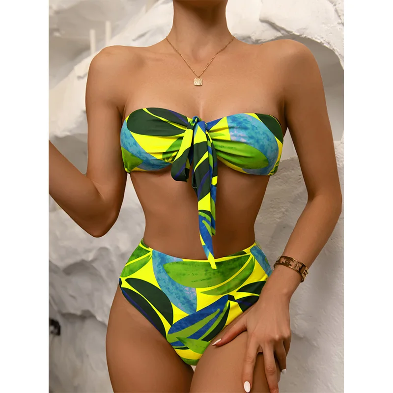 Off Shoulder Print Bikinis High Waist Swimsuit Women Swimwear Push Up Bathing Suit Knotted Bikini Sets Tunic Brazilian Biquini | Женская