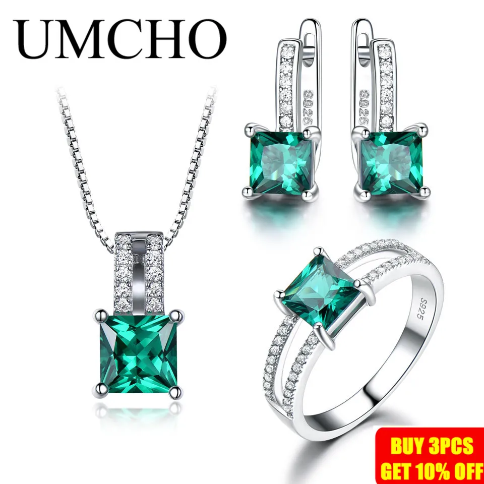UMCHO 925 пробы Серебряные комплекты ювелирных изделий для Для женщин драгоценный камень Изумрудное Кольцо Кулон Стад Серьги для свадьбы, помолвки ювелирные изделия