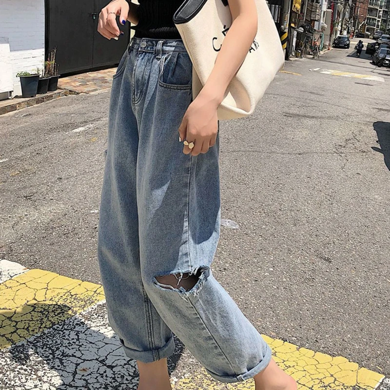 Женские джинсы с дырками свободные универсальные простые облегающие прямые