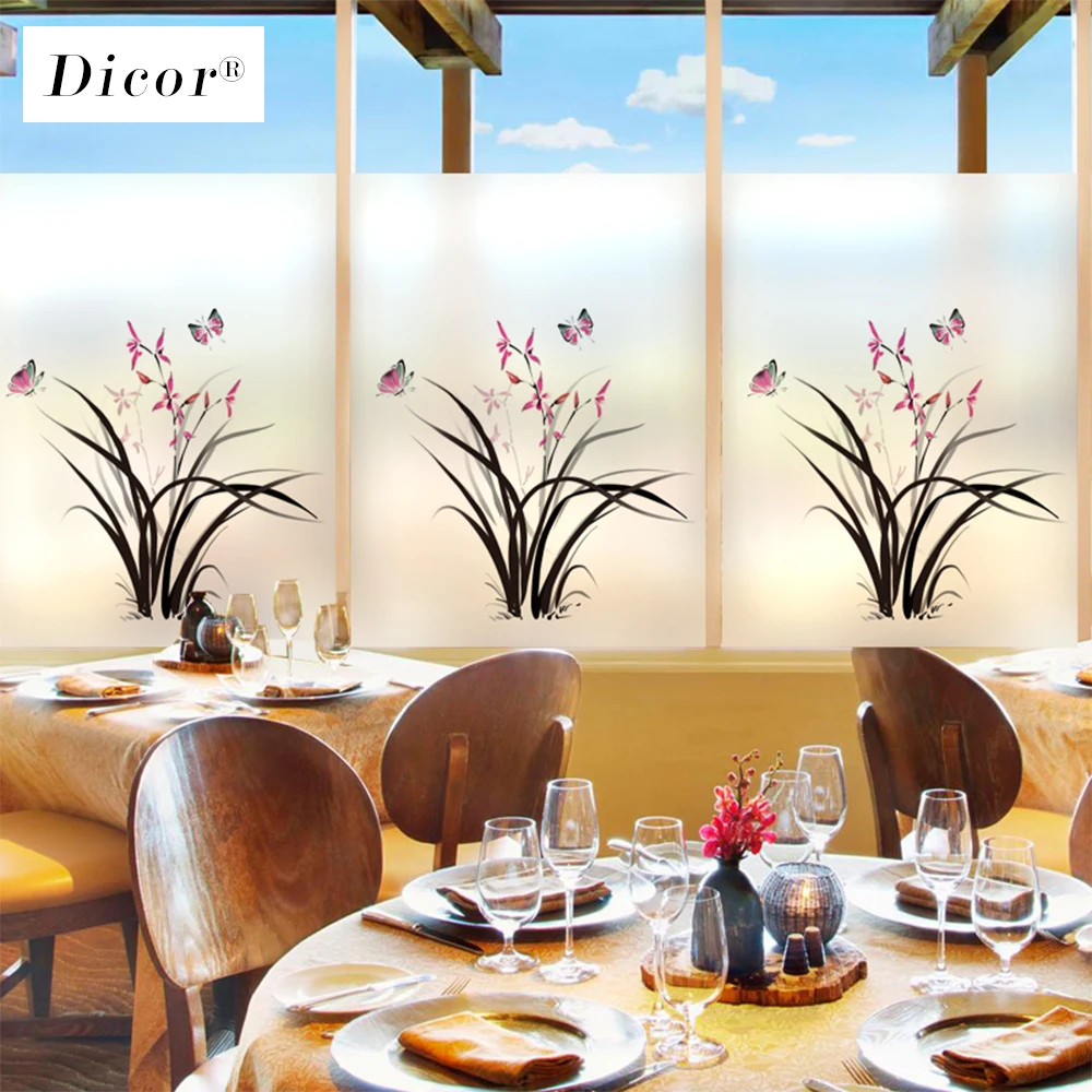 Стеклянная пленка для окна с изображением орхидеи и бабочки прозрачная