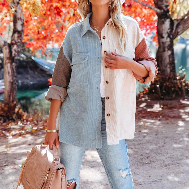 

Women Fashion Turn-down Collar Button Tops Coat Autumn Winter Patchwork Loose Jacket Outwear Casual Rib Corduroy Lady Cardigans
