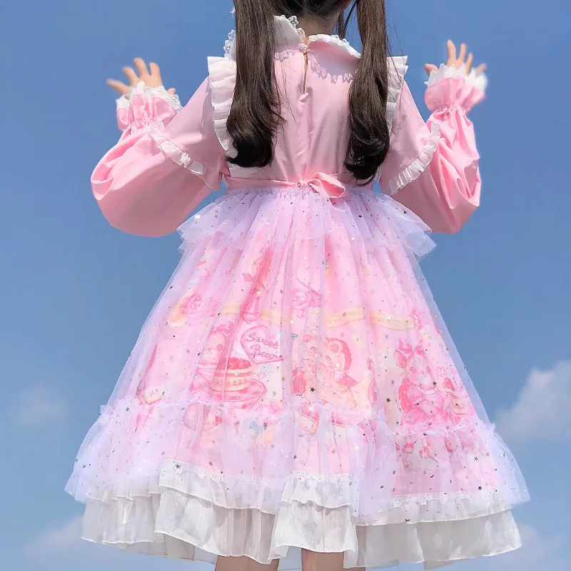 

New Summer Cute Pink Lolita Dress Women Cartoon Bear Party Prom Dress Kawaii Bow Lace Ball Gown fairy Princess Dresses Mujer