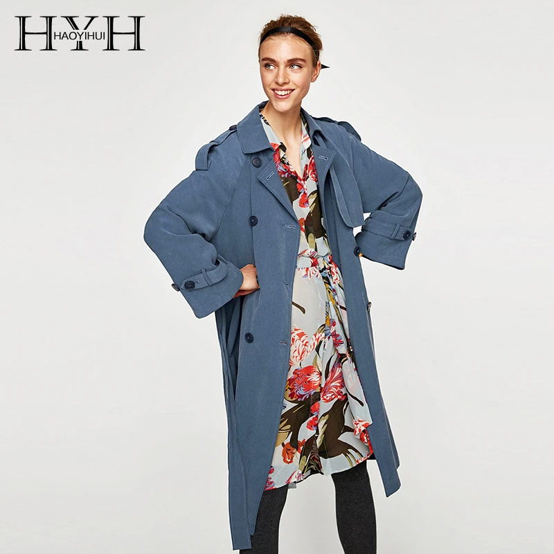 HYH Haoyihui Wome однотонная длинная куртка-ветровка с длинными рукавами и отложным воротником