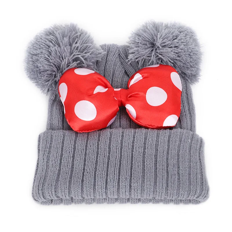 

Cute Polka Dot Cartoon Big Bow Elastic Baby Hat Children's Knit Cotton Beans Autumn Winter Warm Girl Double Pompom Cap1-4Years