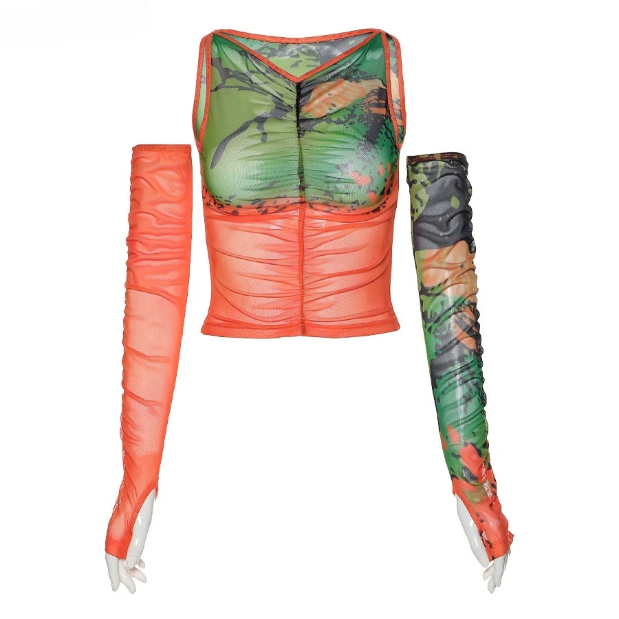 

Women Summer 2 Pcs Set Crop Top and Long Sleeve Fashion Casual Mesh Slim T-Shirt Lady Streetwear Tees