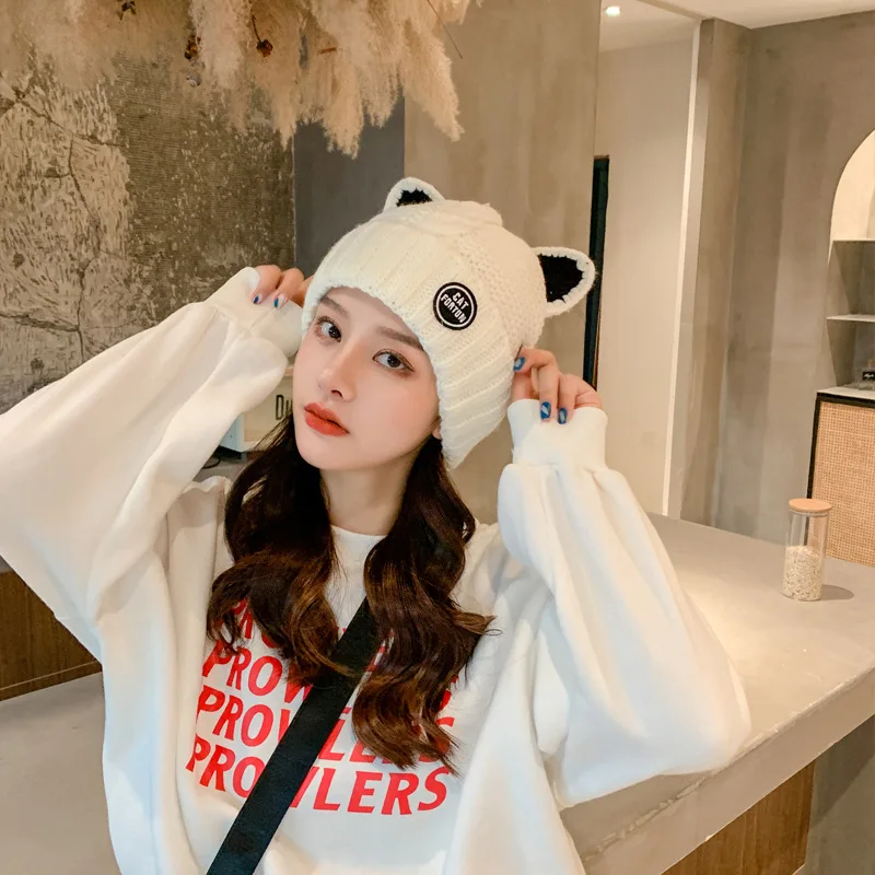 

Women's Bucket Hat Korean Autumn Knit Cap Japanese Winter Cartoon Cat Ears Cute Plus Velvet Warm Hat Fashion Outdoor Bucket Hat