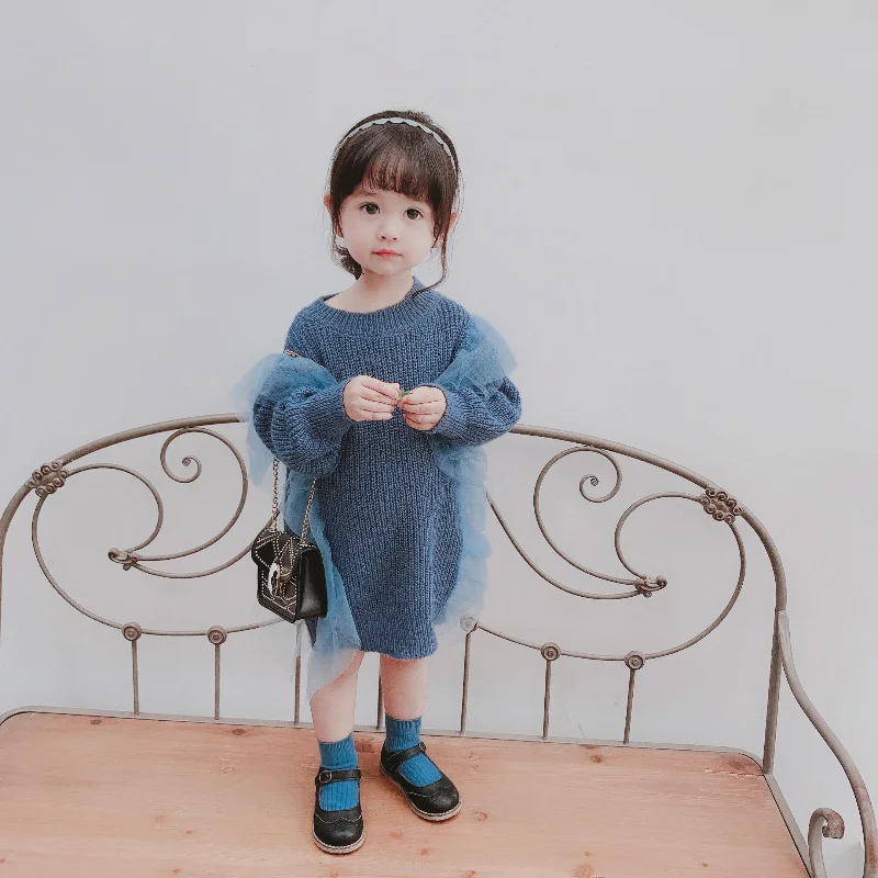 

Платье для девочек Новинка Осень 2021 милое однотонное платье-свитер Детское модное платье принцессы с марлевым краем Одежда для девочек
