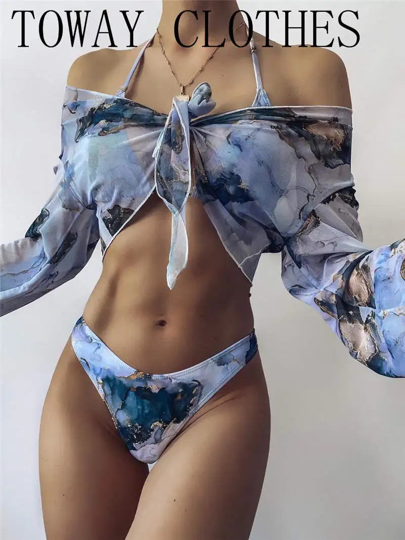 

Новинка 2021, спортивный бандо с принтом, бикини с пуш-ап, сексуальный женский купальник с мраморным узором, купальник с высокой талией, женски...