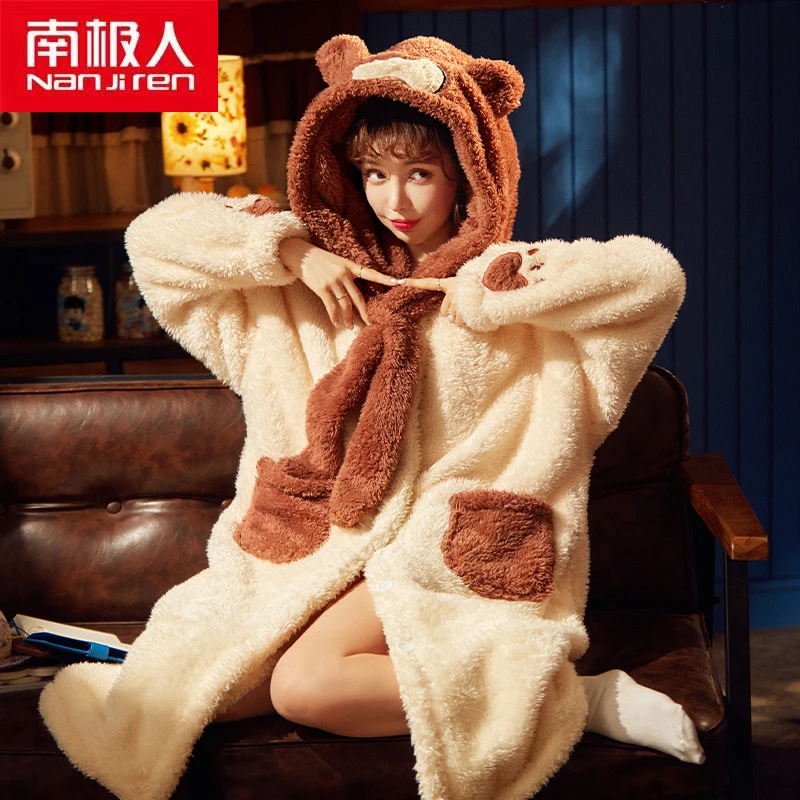 

Женское нижнее белье Nanjiren, женская одежда, теплый плотный домашний кардиган с V-образным вырезом из полиэстера, фланелевая ткань до щиколотк...