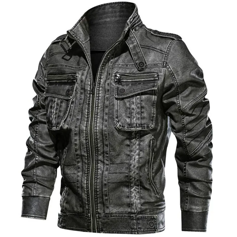 Мужская винтажная байкерская куртка из искусственной кожи ветрозащитная теплая
