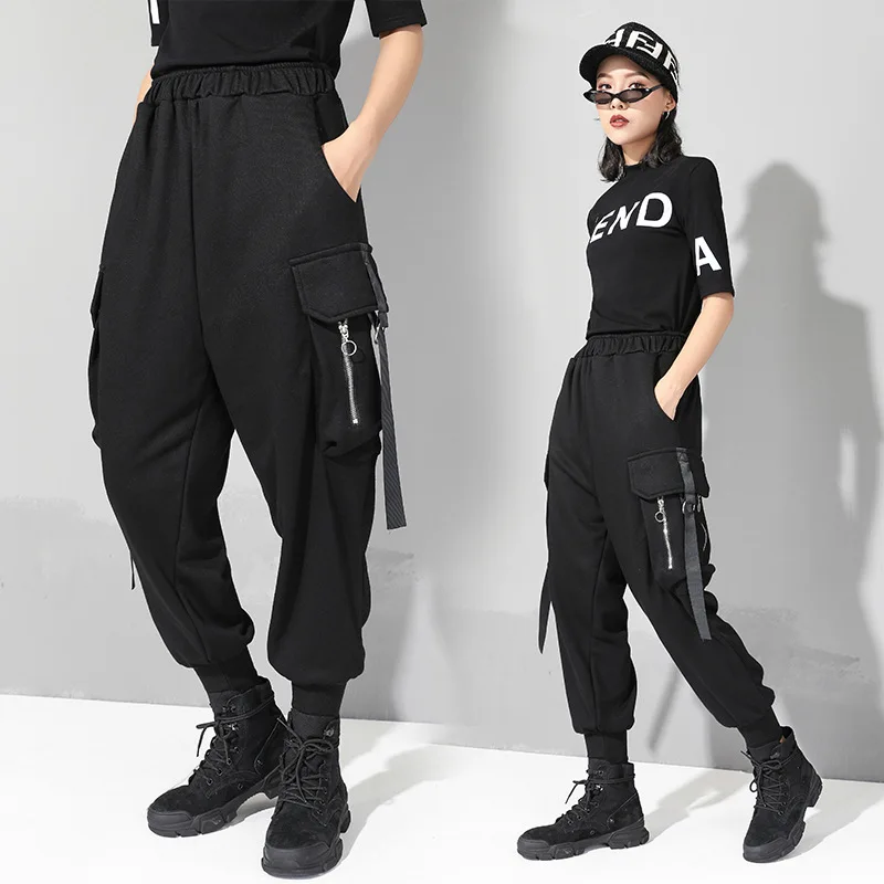 

Новые женские брюки с высокой талией, брюки для женщин в уличном стиле, женские брюки с эластичным поясом, женские брюки-султанки с карманам...