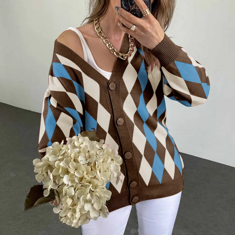 Женский кардиган WENYUJH с узором ромбиками осенние свитера в стиле преппи пальто