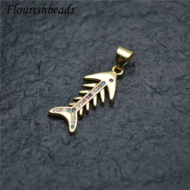 

Cool Fishbone Shape Metal Pendant Zircon Stone Beads DIY Parts Jewelry Makings Chic Accessories Fit Necklace 10pcs