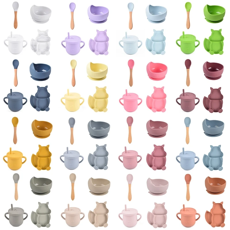 

4 Pcs Baby Silicone Squirrel Divided Dinner Plate Sucker Bowl Spoon Straw Cup