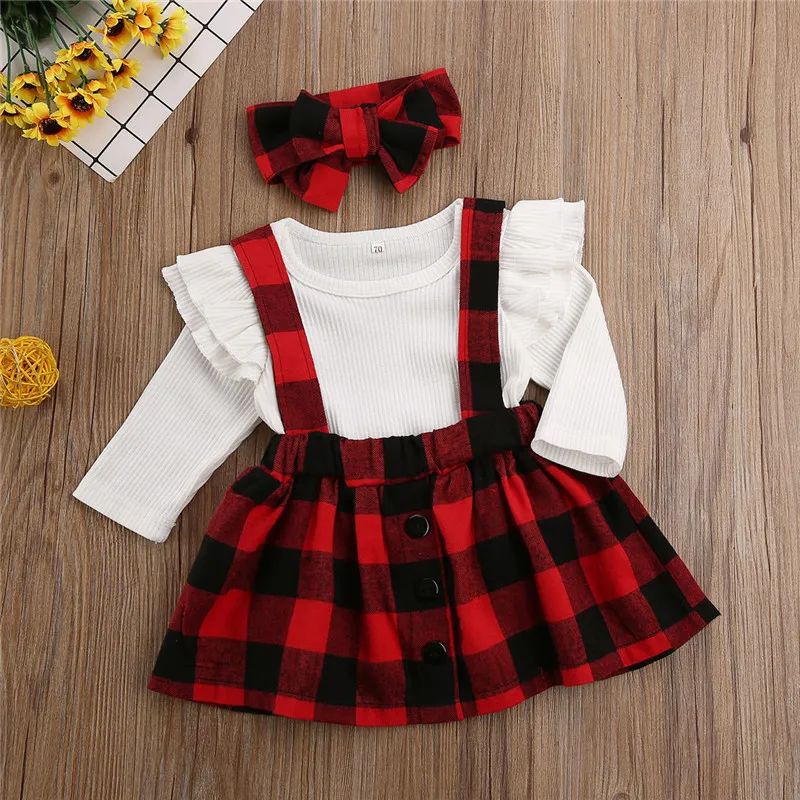 

Christmas Newborn Baby Girls Clothes Knitted Plaids strap Button Skirts bow Headband solid Ruffle round neck Bodysuit 3pc Outfit