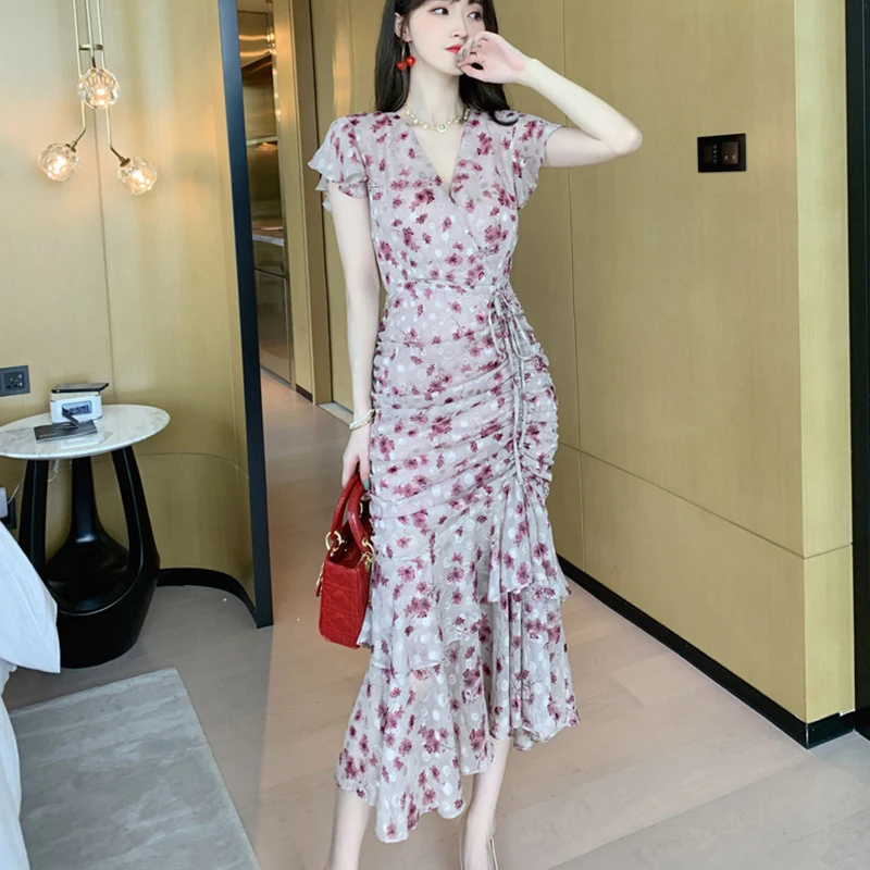 

new arrival fashion korean style beach dress women elegant summer temperament OL chiffon ruffle print mermaid party dress
