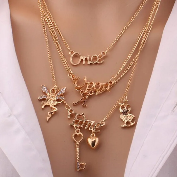 

Wholesale Women Handmade Gold Plating Multilayer Owl Alphabet Key Heart Necklace Pendant